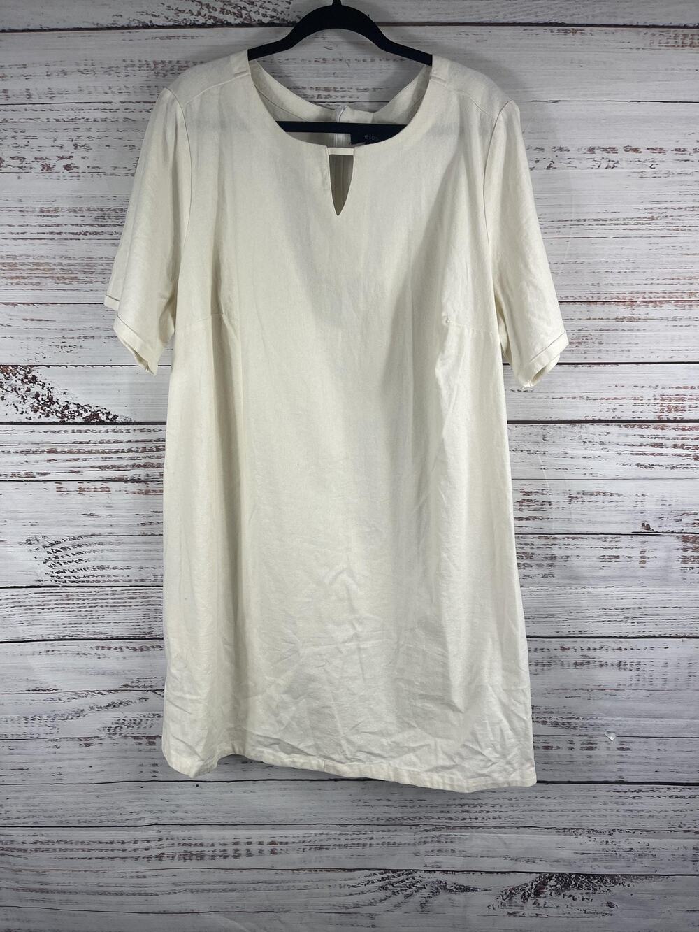 Ellos Dress Womens 22 Ivory Linen Shift Short Sleeve Notch Neck Pockets Side Zip